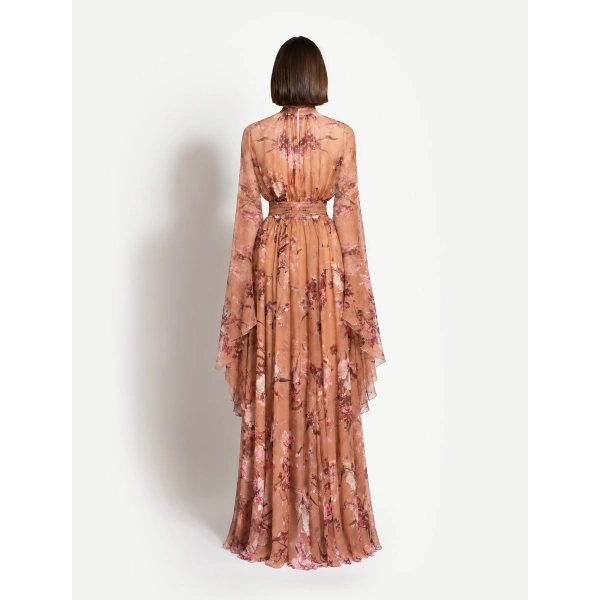 Zuhair Murad Floral Printed Chiffon Long Dress in Flying Flower Sunburn | Maxi Dresses | Coveti