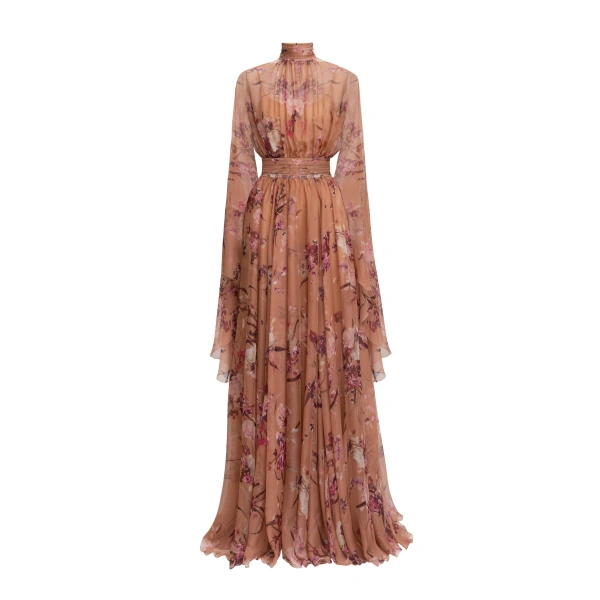 Floral Printed Chiffon Long Dress in Flying Flower Sunburn
