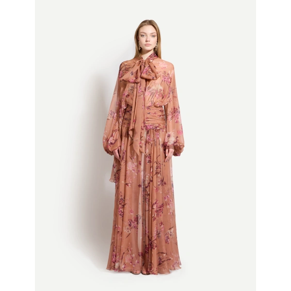 Zuhair Murad Floral Printed Chiffon Long Skirt in Flying Flower Sunburn | Maxi Skirts | Coveti