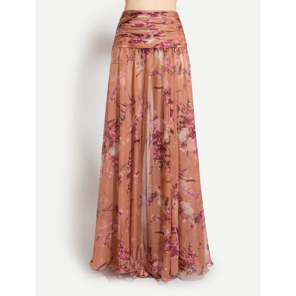 Zuhair Murad Floral Printed Chiffon Long Skirt in Flying Flower Sunburn | Maxi Skirts | Coveti