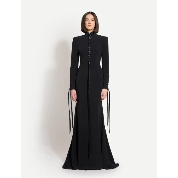 Zuhair Murad High-Neck Cady Lace-Up Long Dress in Black | Evening Gowns | Coveti