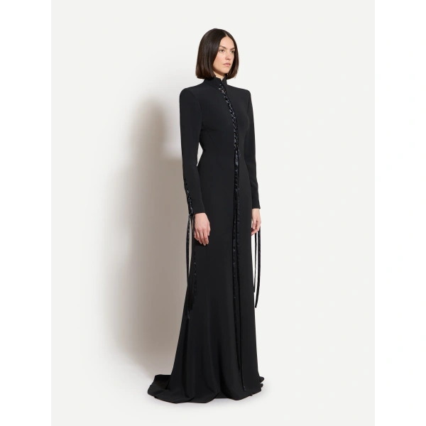 Zuhair Murad High-Neck Cady Lace-Up Long Dress in Black | Evening Gowns | Coveti