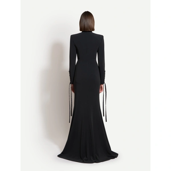 Zuhair Murad High-Neck Cady Lace-Up Long Dress in Black | Evening Gowns | Coveti