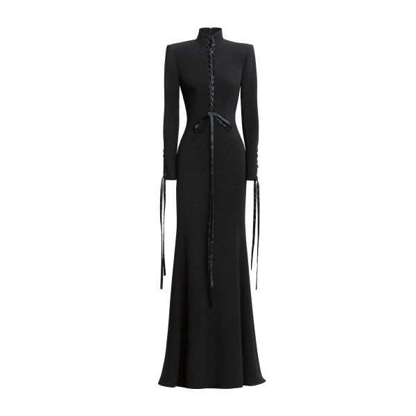 High-Neck Cady Lace-Up Long Dress in Black