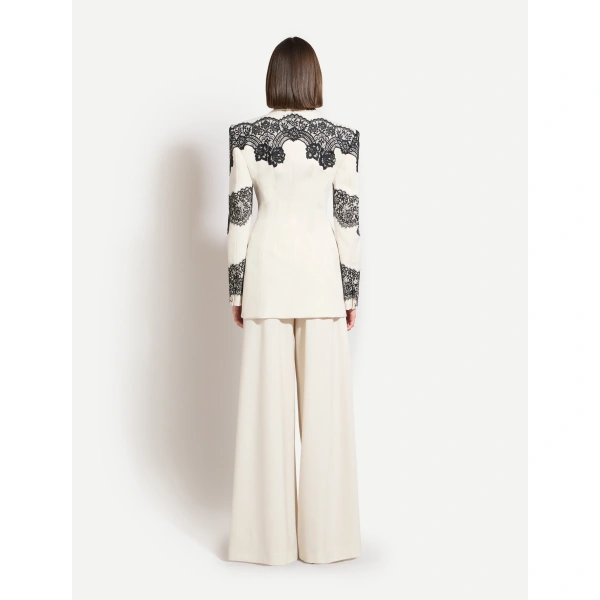 Zuhair Murad Lace-Trimmed Wool Jacket in Eggnog and Black | Blazers | Coveti