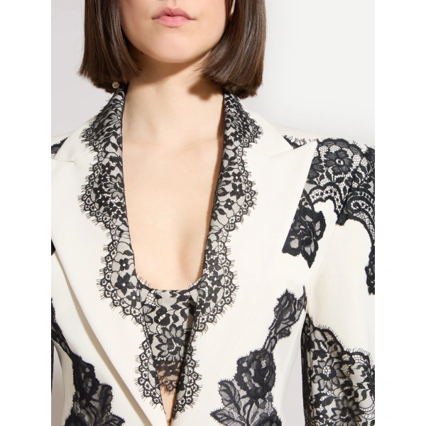 Zuhair Murad Lace-Trimmed Wool Jacket in Eggnog and Black | Blazers | Coveti