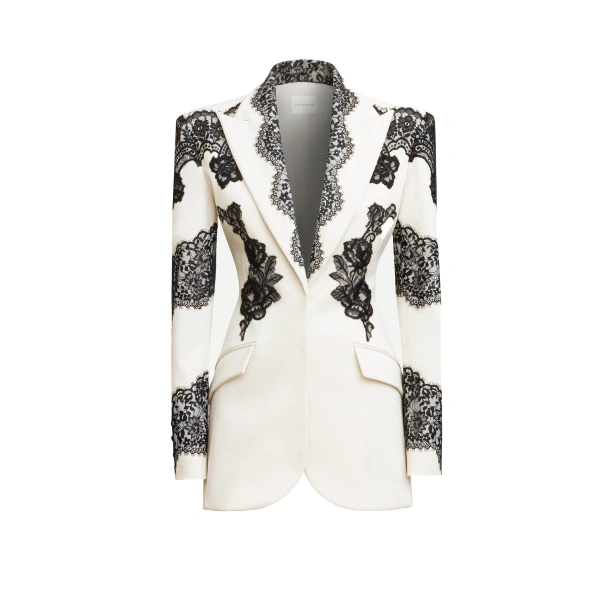 Lace-Trimmed Wool Jacket in Eggnog and Black