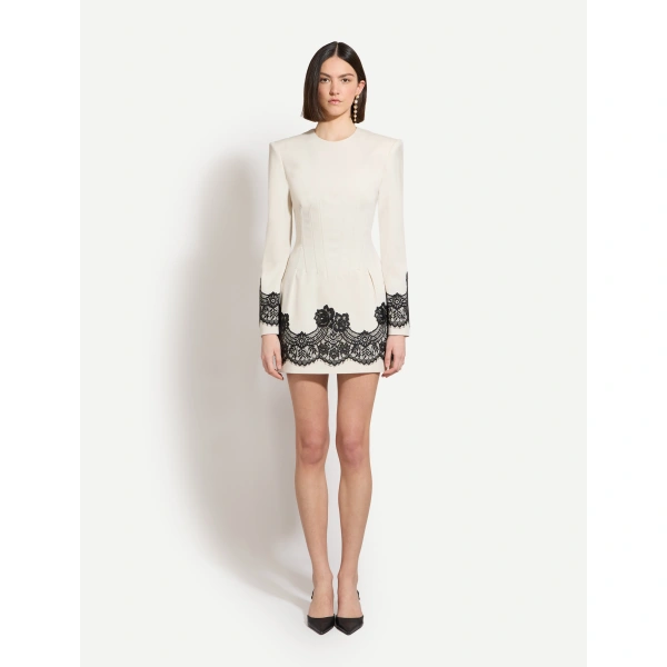 Zuhair Murad Lace-Trimmed Wool Mini Dress in Eggnog and Black | Mini Dresses | Coveti