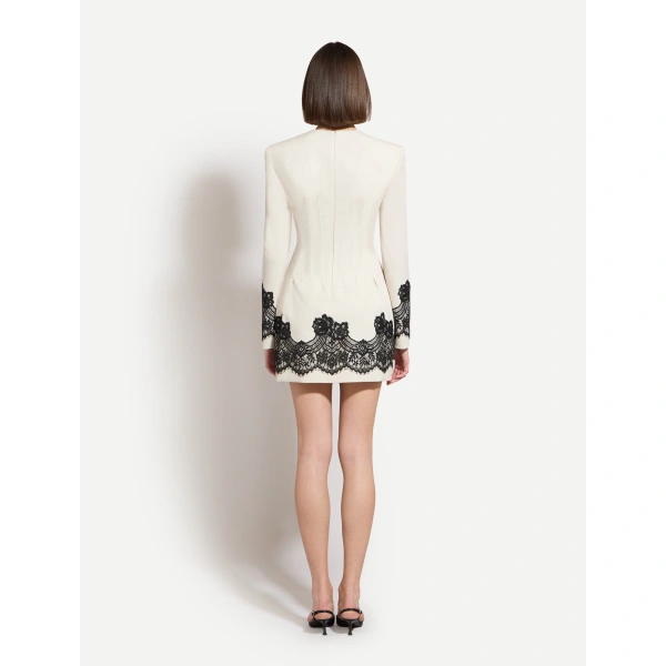 Zuhair Murad Lace-Trimmed Wool Mini Dress in Eggnog and Black | Mini Dresses | Coveti