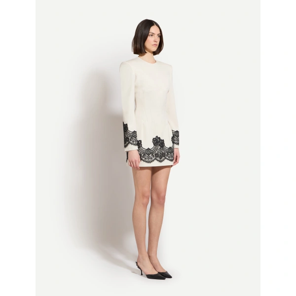 Zuhair Murad Lace-Trimmed Wool Mini Dress in Eggnog and Black | Mini Dresses | Coveti