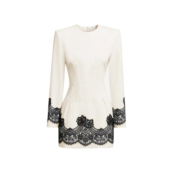 Lace-Trimmed Wool Mini Dress in Eggnog and Black