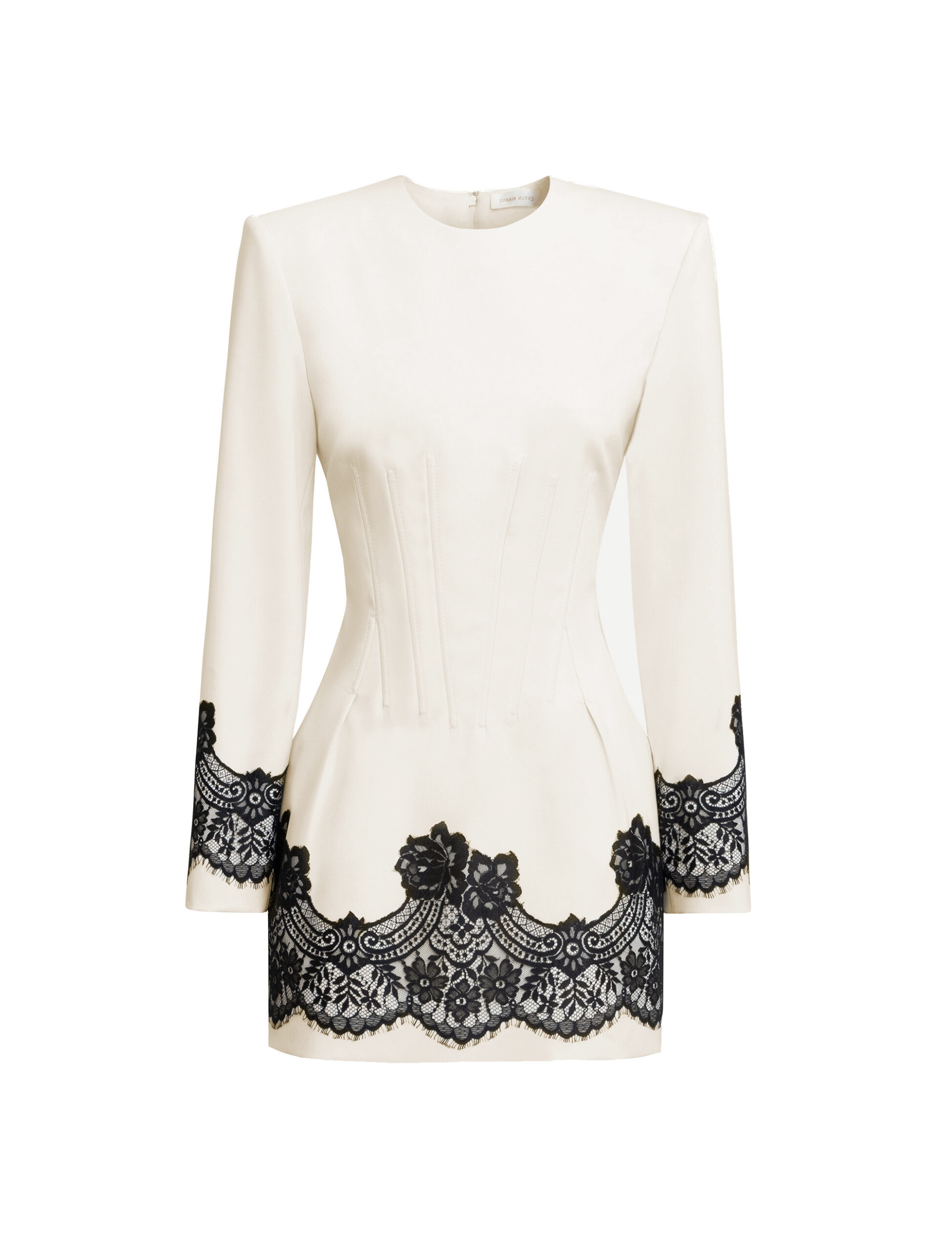 Zuhair Murad Lace-Trimmed Wool Mini Dress in Eggnog and Black Zuhair Murad Lace-Trimmed Wool Mini Dress in Eggnog and Black | Mini Dresses | Coveti