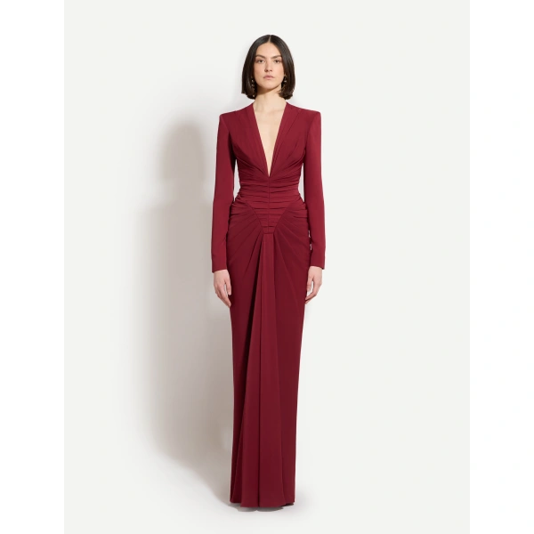 Zuhair Murad Long-Sleeved Cady Dress in Tawny Port | Evening Gowns | Coveti