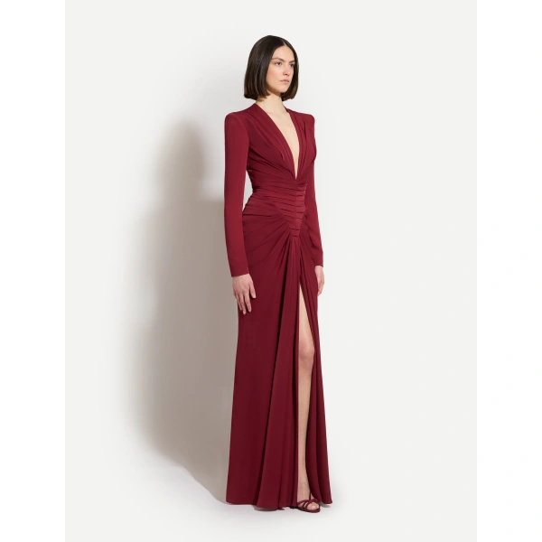 Zuhair Murad Long-Sleeved Cady Dress in Tawny Port | Evening Gowns | Coveti