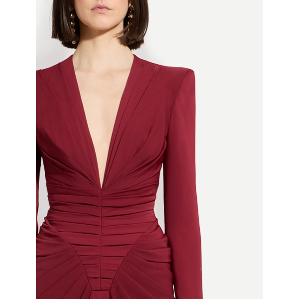 Zuhair Murad Long-Sleeved Cady Dress in Tawny Port | Evening Gowns | Coveti