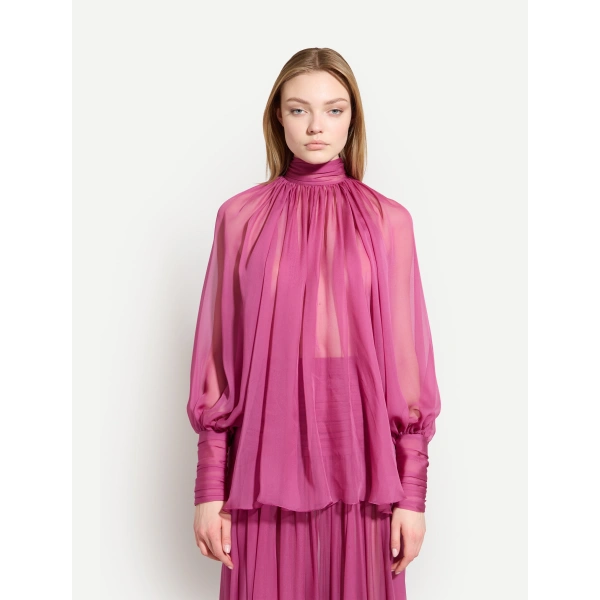 Zuhair Murad Long-Sleeved Chiffon Blouse in Violet Quartz | Blouses | Coveti