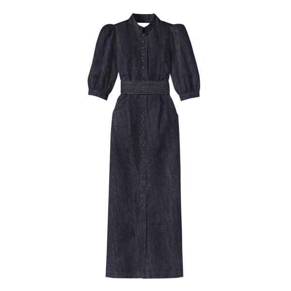 Amoako Denim Puff-Sleeve Maxi Dress in Dark Blue