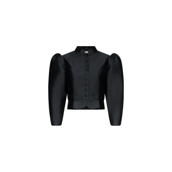 Amoako Satin Puff-Sleeve Jacket in Black