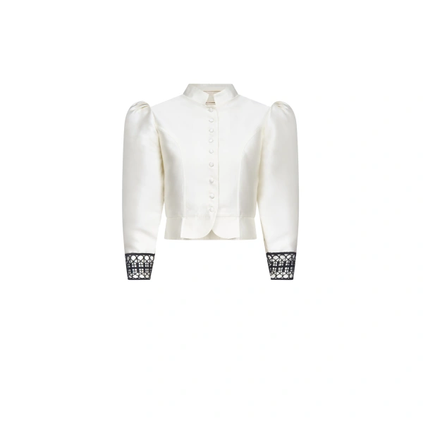 Amoako Satin Puff-Sleeve Jacket with Embroidery in White