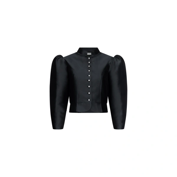 Amoako Satin Puff-Sleeve Jacket with Pearls in Black