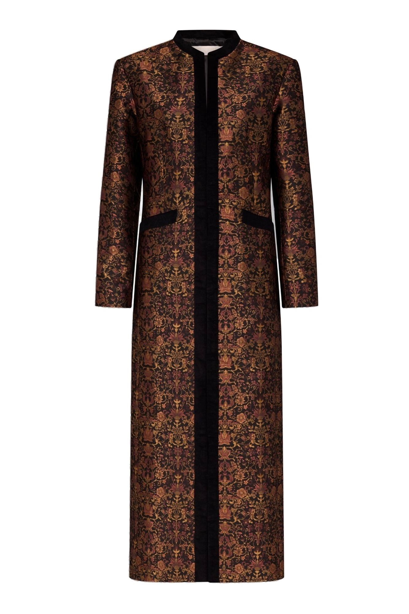 Destree Eden Garden Floral Jacquard Long Coat in Black and Rust Destree Eden Garden Floral Jacquard Long Coat in Black and Rust | Wool & Cashmere Coats | Coveti