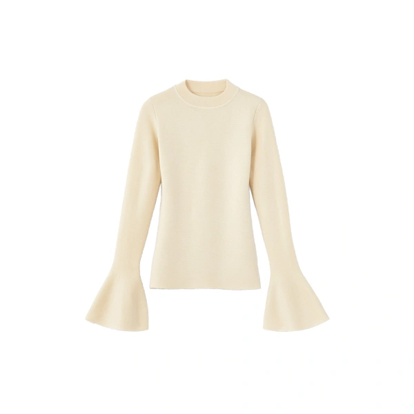 Joan Wool Flared-Sleeve Top in Beige