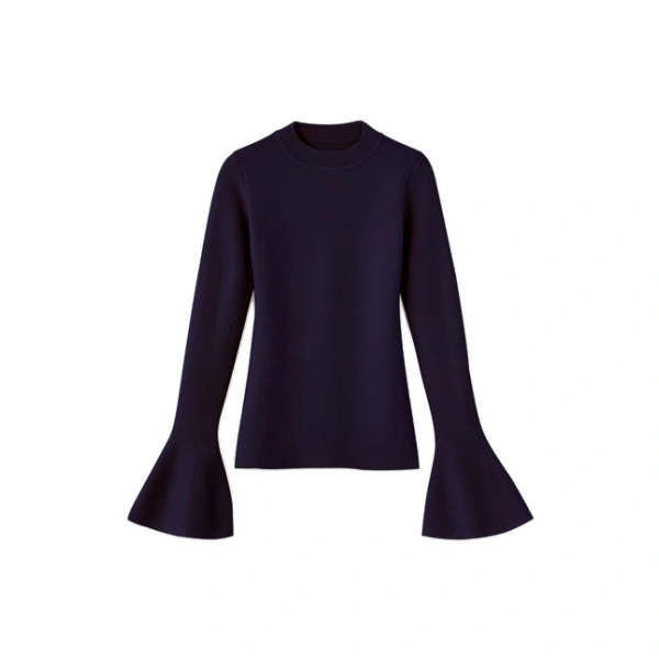 Joan Wool Flared-Sleeve Top in Navy Blue