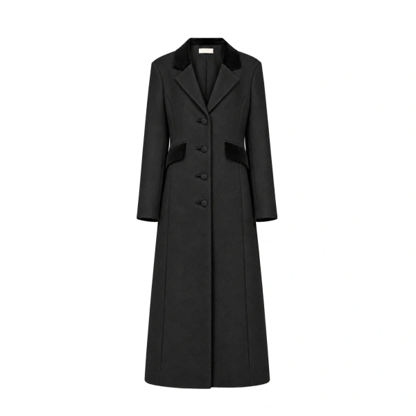 Maria Wool Tailored Coat with Velvet Details in Black