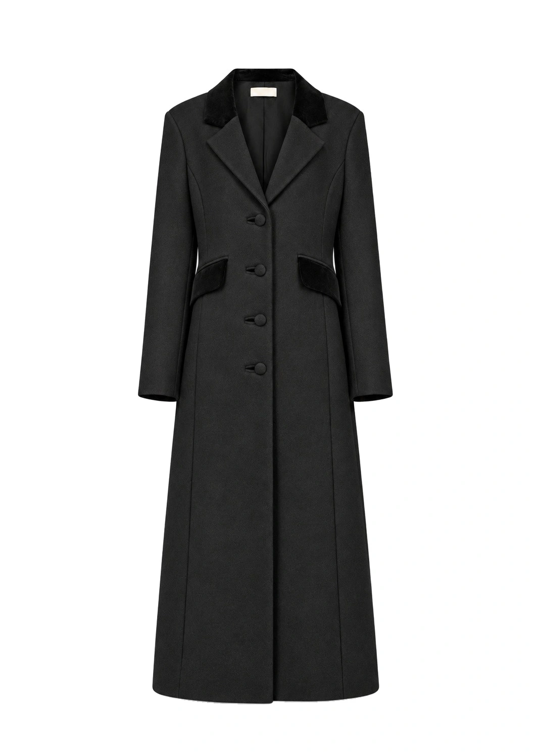 Destree Maria Wool Tailored Coat with Velvet Details in Black Destree Maria Wool Tailored Coat with Velvet Details in Black | Wool & Cashmere Coats | Coveti
