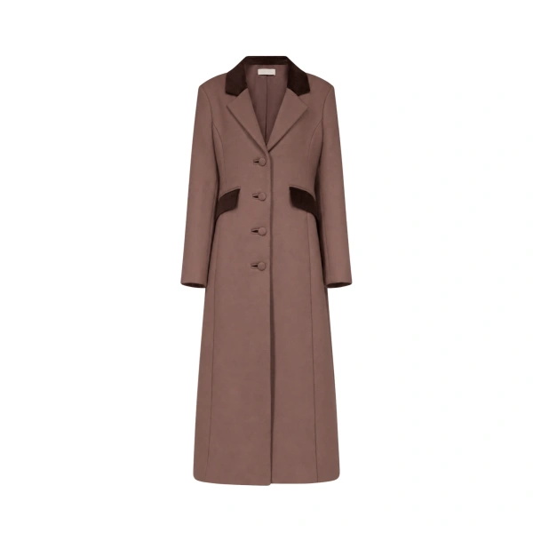 Maria Wool Tailored Coat with Velvet Details in Taupe