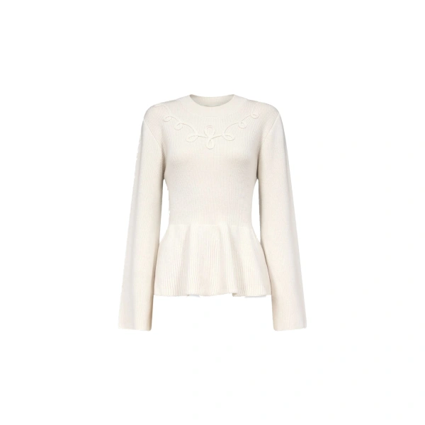Rosa Ribbed Knit Embroidered Sweater in Ecru