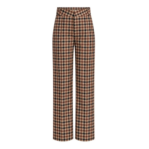 Destree Yoshitomo Checked Straight-Leg Trousers in Camel | Tailored Pants | Coveti