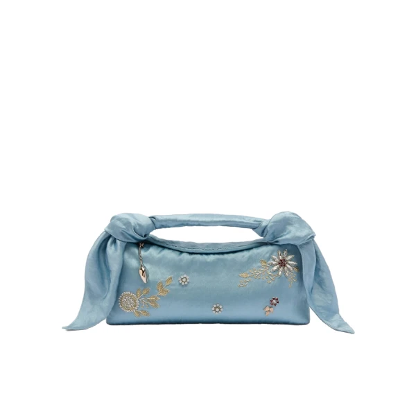 Erdem East West Bloom Bag in Artist Blue Textured Satin | Shoulder & Crossbody Bags | Coveti
