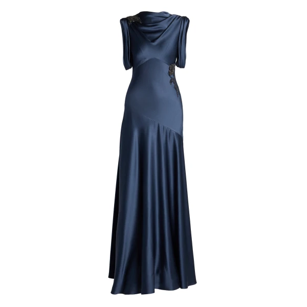Embellished Satin Draped Gown
