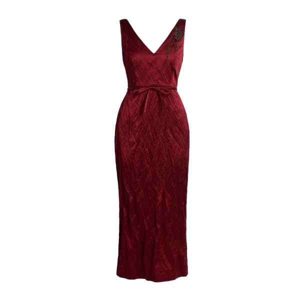 Embellished Textured Satin Midi Pencil Dress