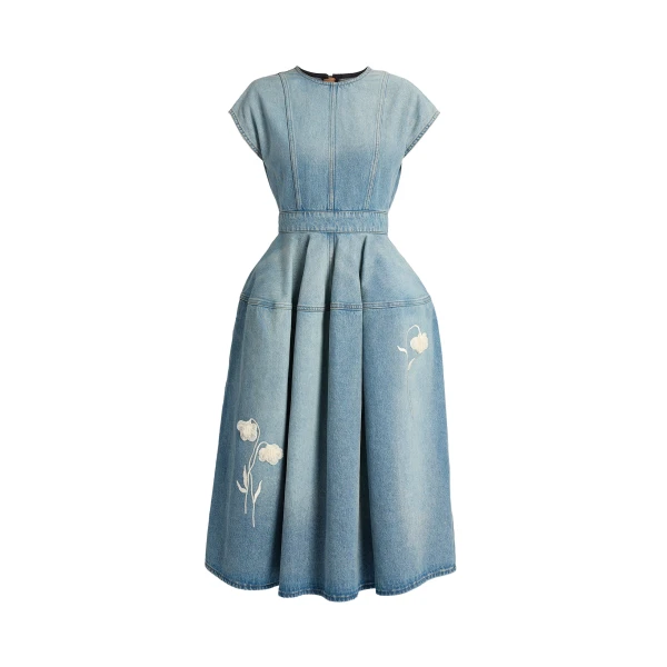 Embroidered Denim Short Sleeve Midi Dress