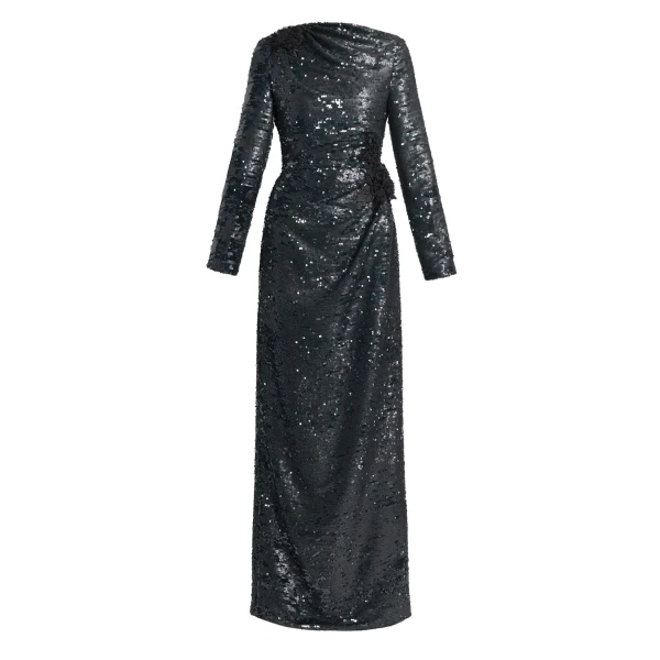 Floral Applique Sequin Long Sleeve Gown