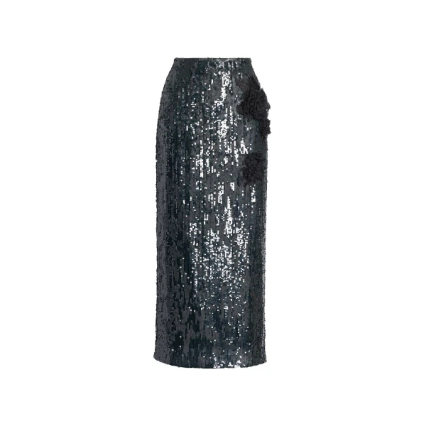 Floral Applique Sequin Midi Pencil Skirt