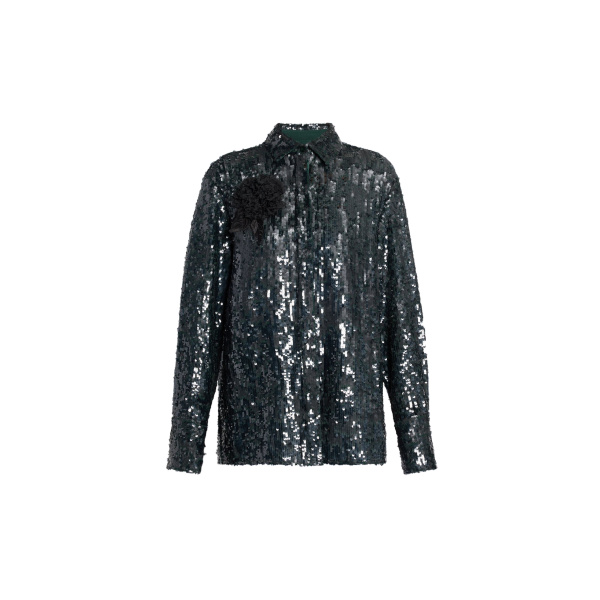 Sequin Long Sleeve Shirt in Forest Green