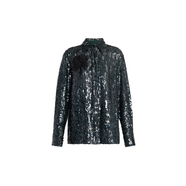Sequin Long Sleeve Shirt in Forest Green
