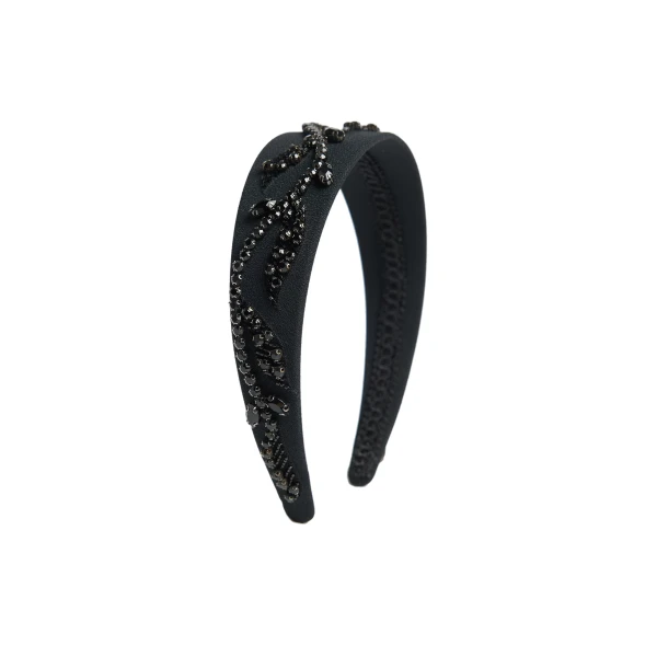 Wide Embroidered Headband in Black