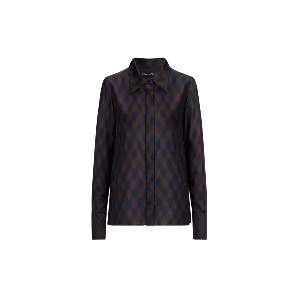 Argyle Tie-Neck Silk Twill Blouse