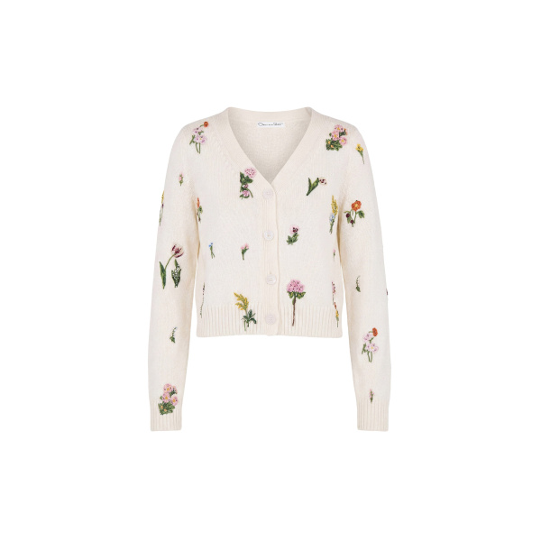Oscar de la Renta Beaded Mixed Botanical Embroidered Cardigan | Knitwear | Coveti