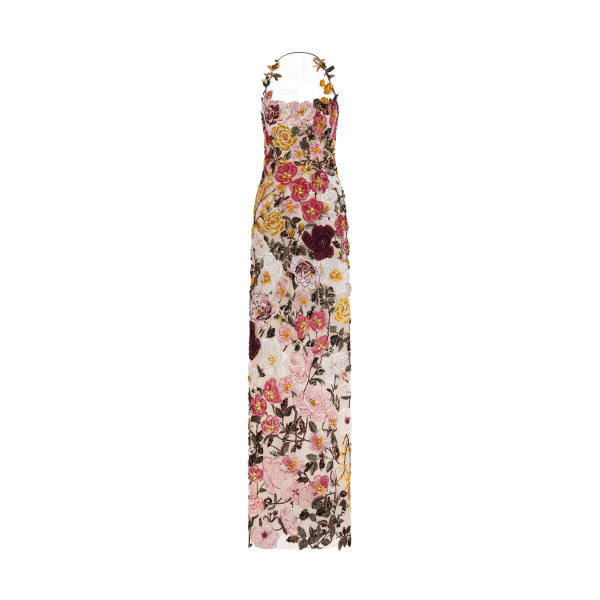 Oscar de la Renta Beaded Mixed Botanical Embroidered Halter Gown | Dresses | Coveti